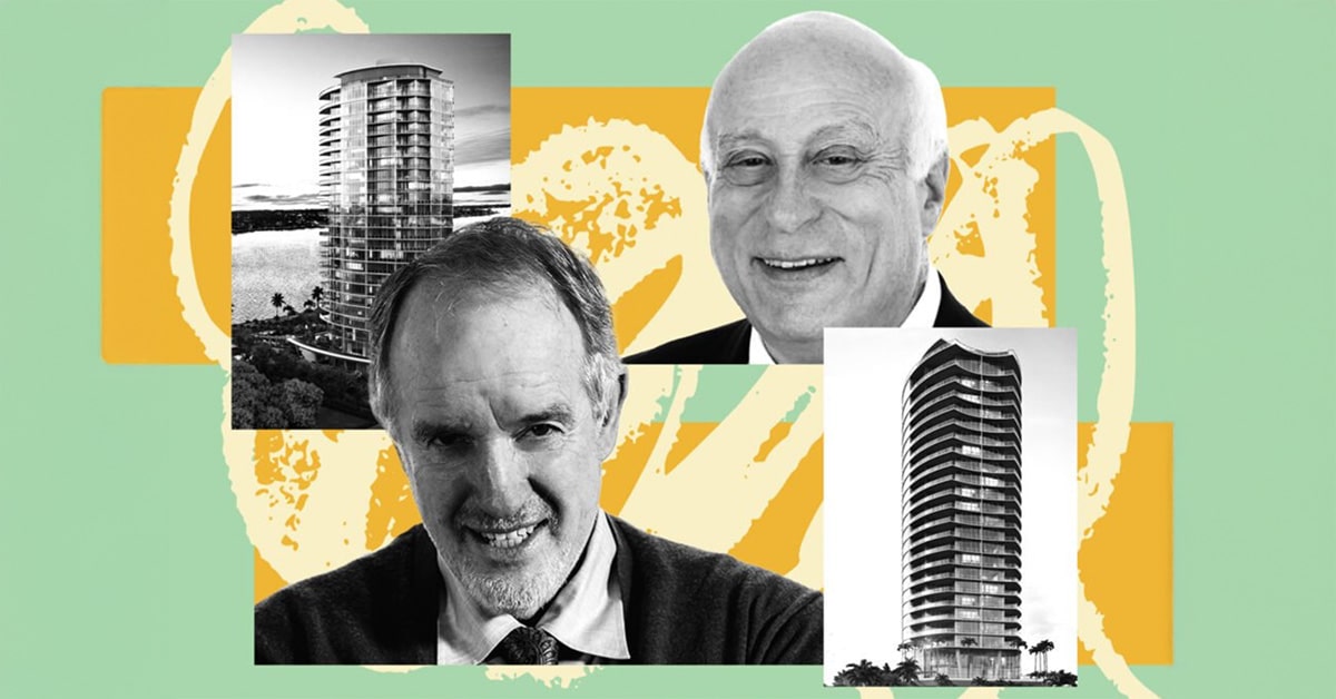 Two Roads Development chairman James Harpel and Alpha Blue Ventures founder Marius Fortelni with a rendering of Forté on Flagler condo (Two Roads Development)